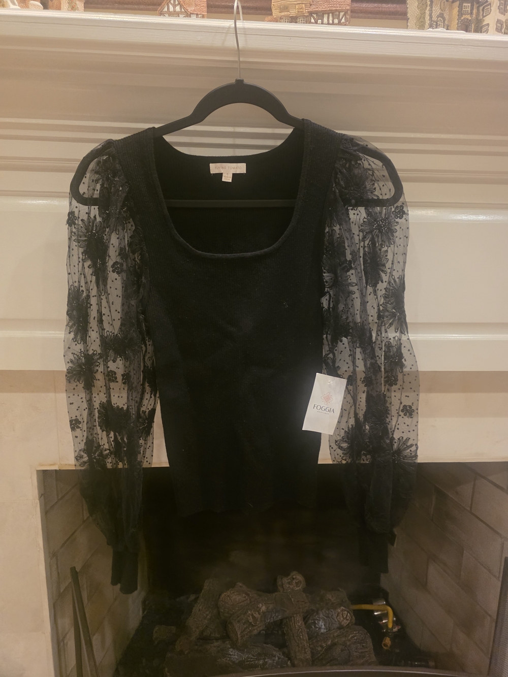 Flying Tomato Black Sheer Floral Puff-Sleeve Top